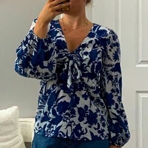Figue Blouse 100% Silk Printed Long Sleeve in Blue XS